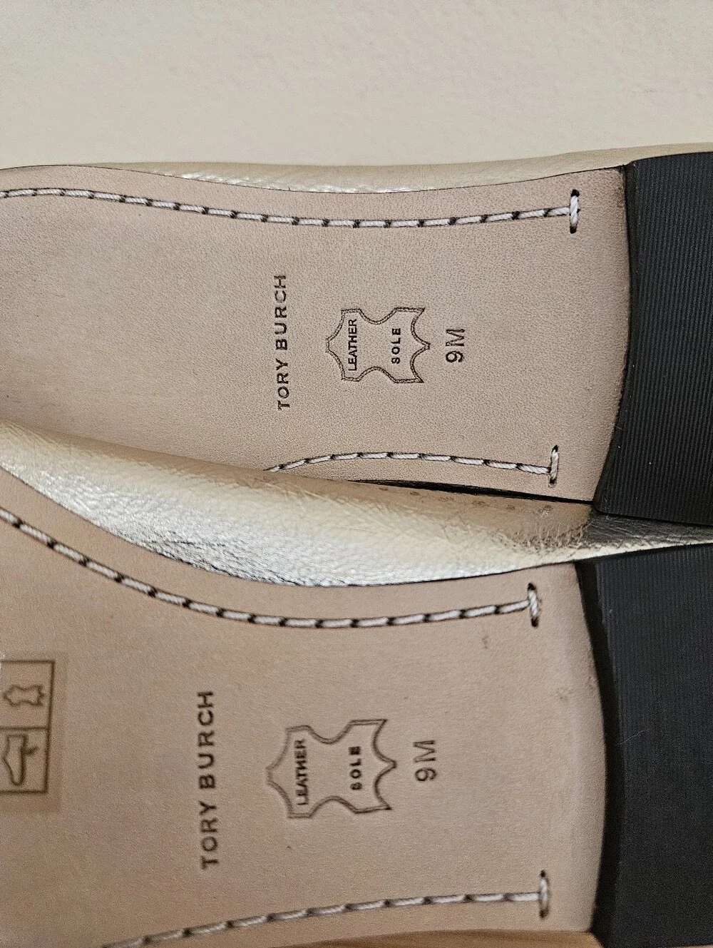 Tory Burch Metallic Gold Square-Toe Flats with Logo Plaque, Size 9